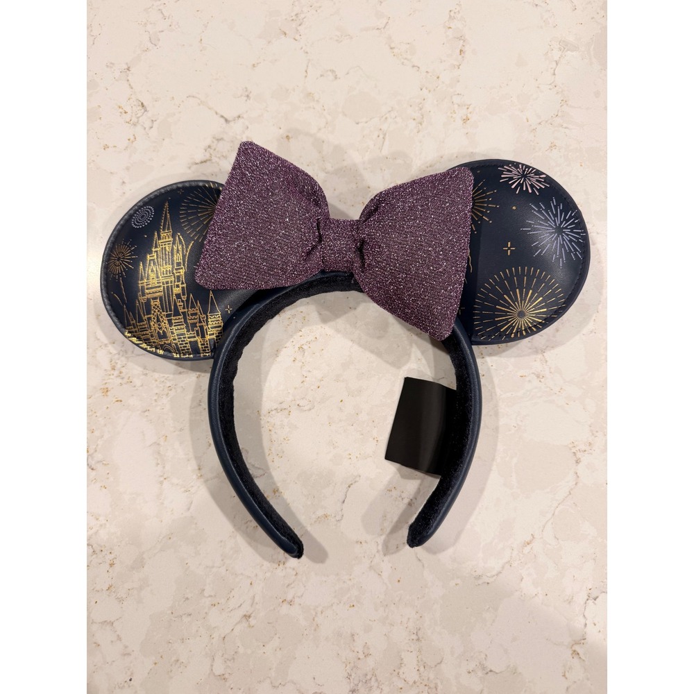 Disney Parks Minnie Mouse Ears Headband Navy Blue Gold Fireworks Purple Bow